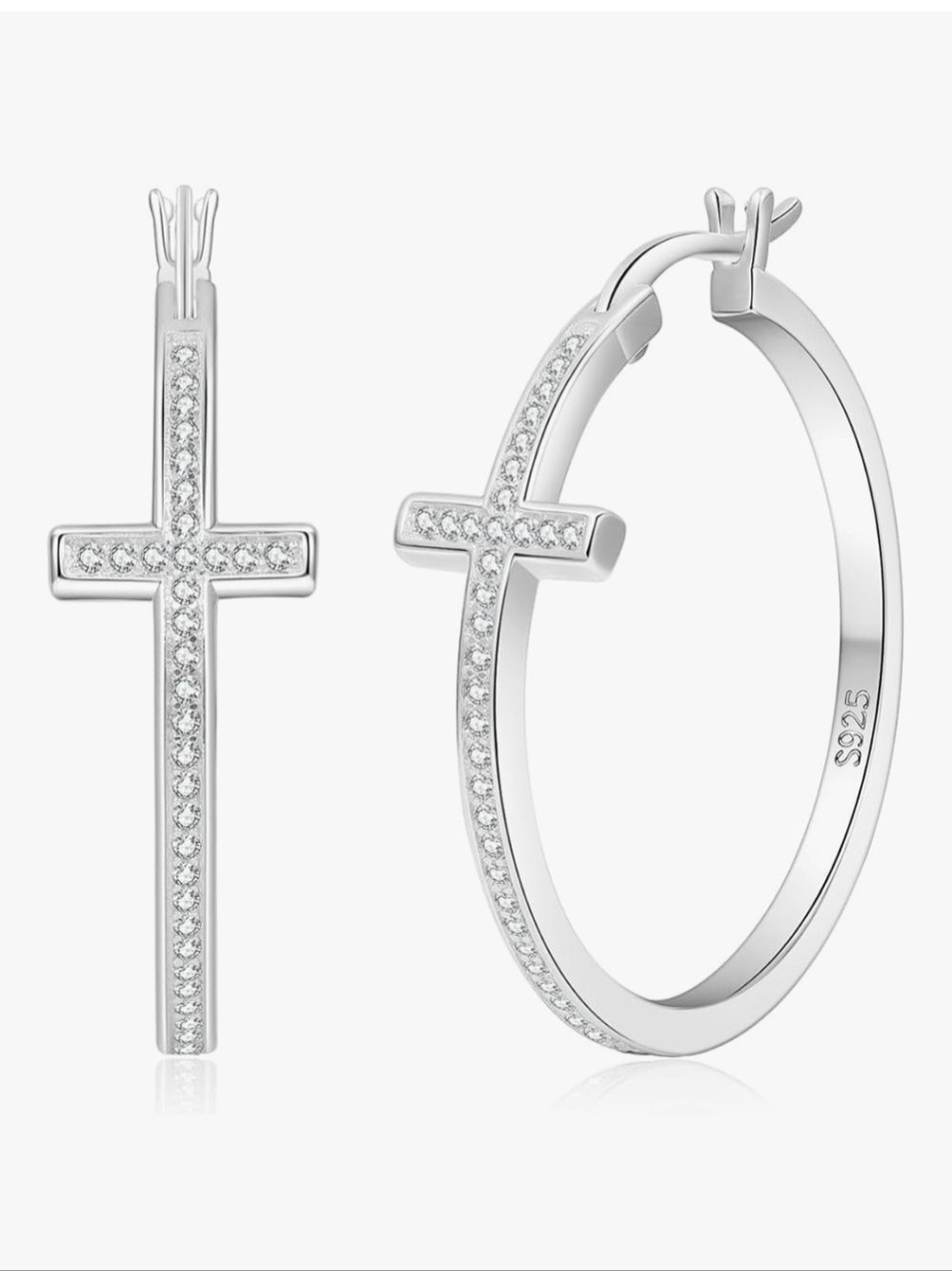 Sterling Silver Cross Hoop Earrings with Cubic Zirconia - Silver